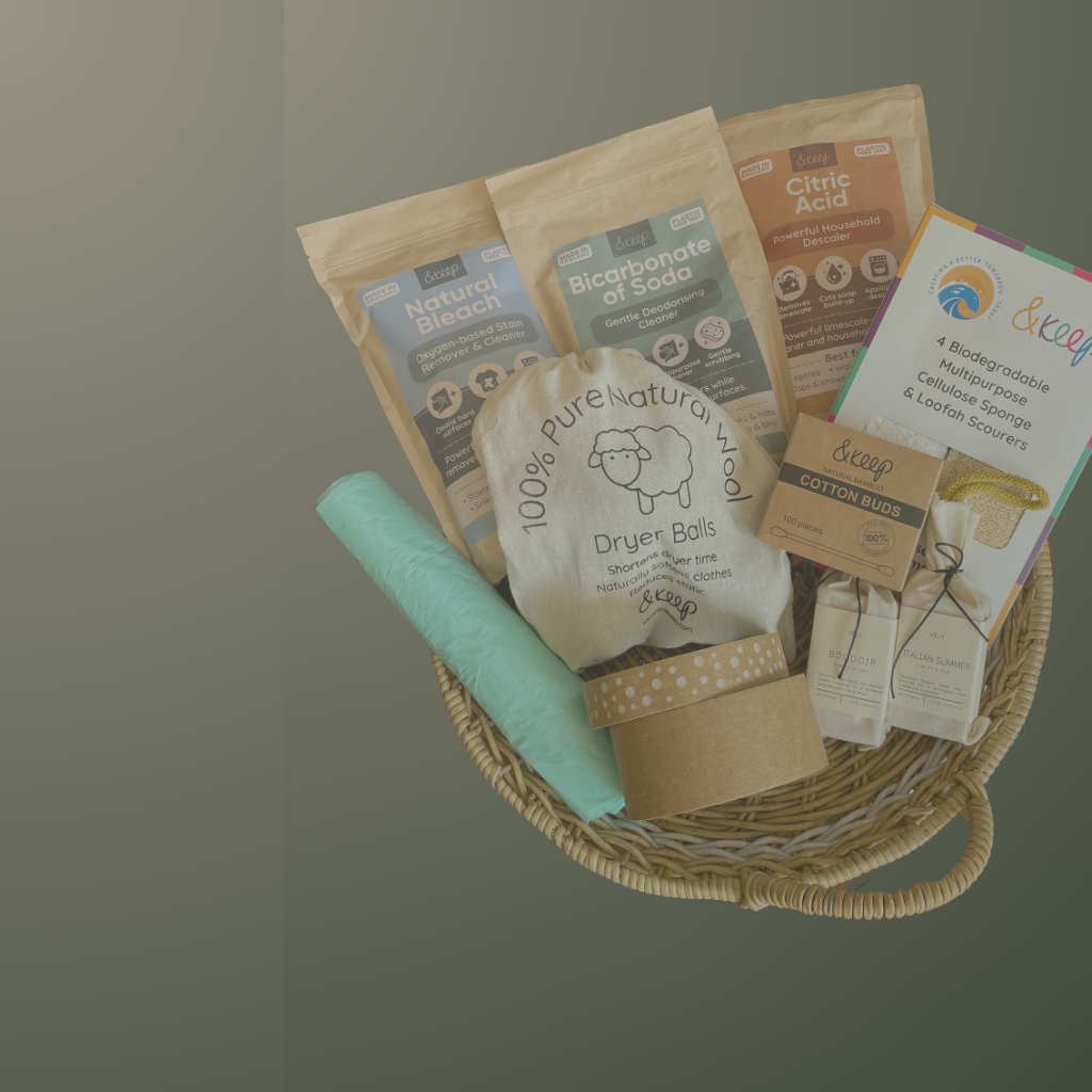 Plastic free essentials for body and home. Loofah scourer , paper tape, compostable bin liners,  bamboo cotton buds