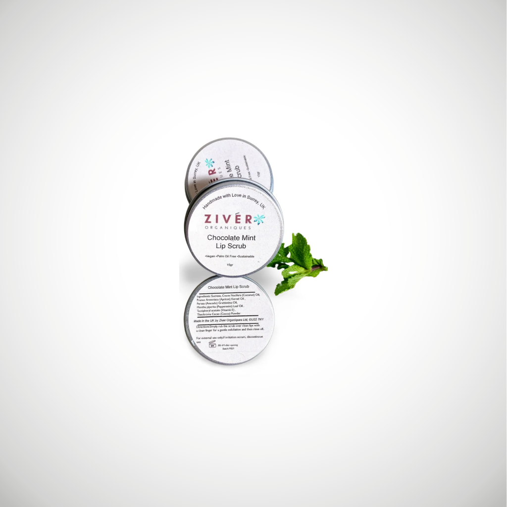 Chocolate mint lip scrub in a metal tin. Cruelty free vegan science based