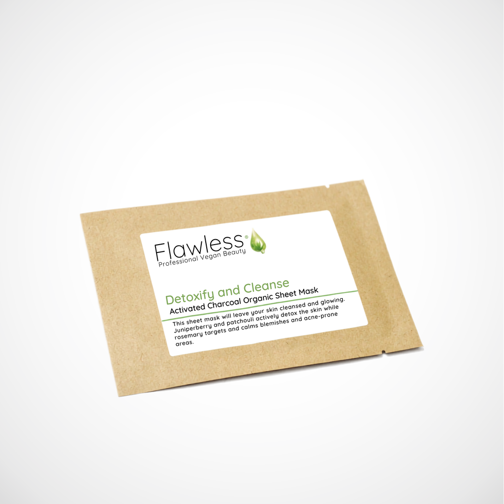 An organic sheet mask that detoxifies and cleanses in a kraft paper pouch. Cruelty free vegan and plastic free