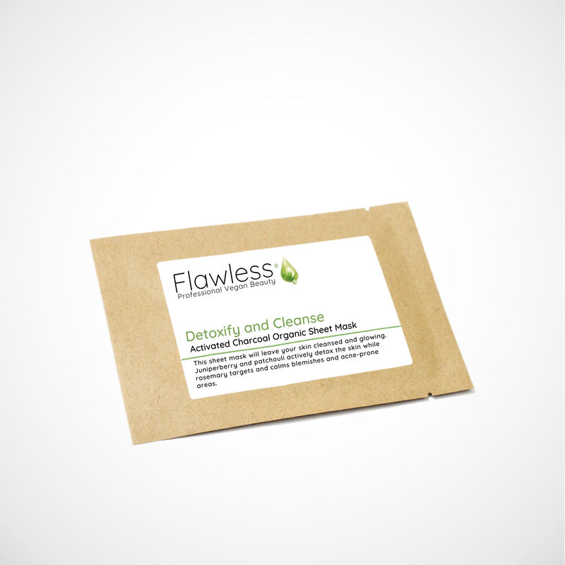 An organic sheet mask that detoxifies and cleanses in a kraft paper pouch. Cruelty free vegan and plastic free