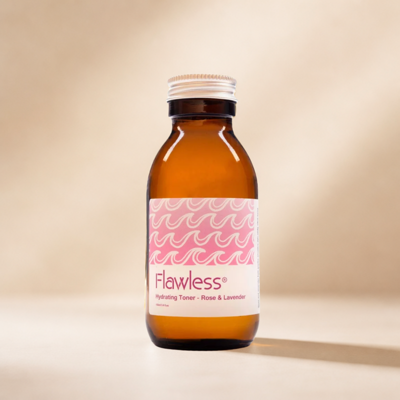 Hydrating rose water facial toner in an amber glass bottle. Cruelty free vegan and plastic free.