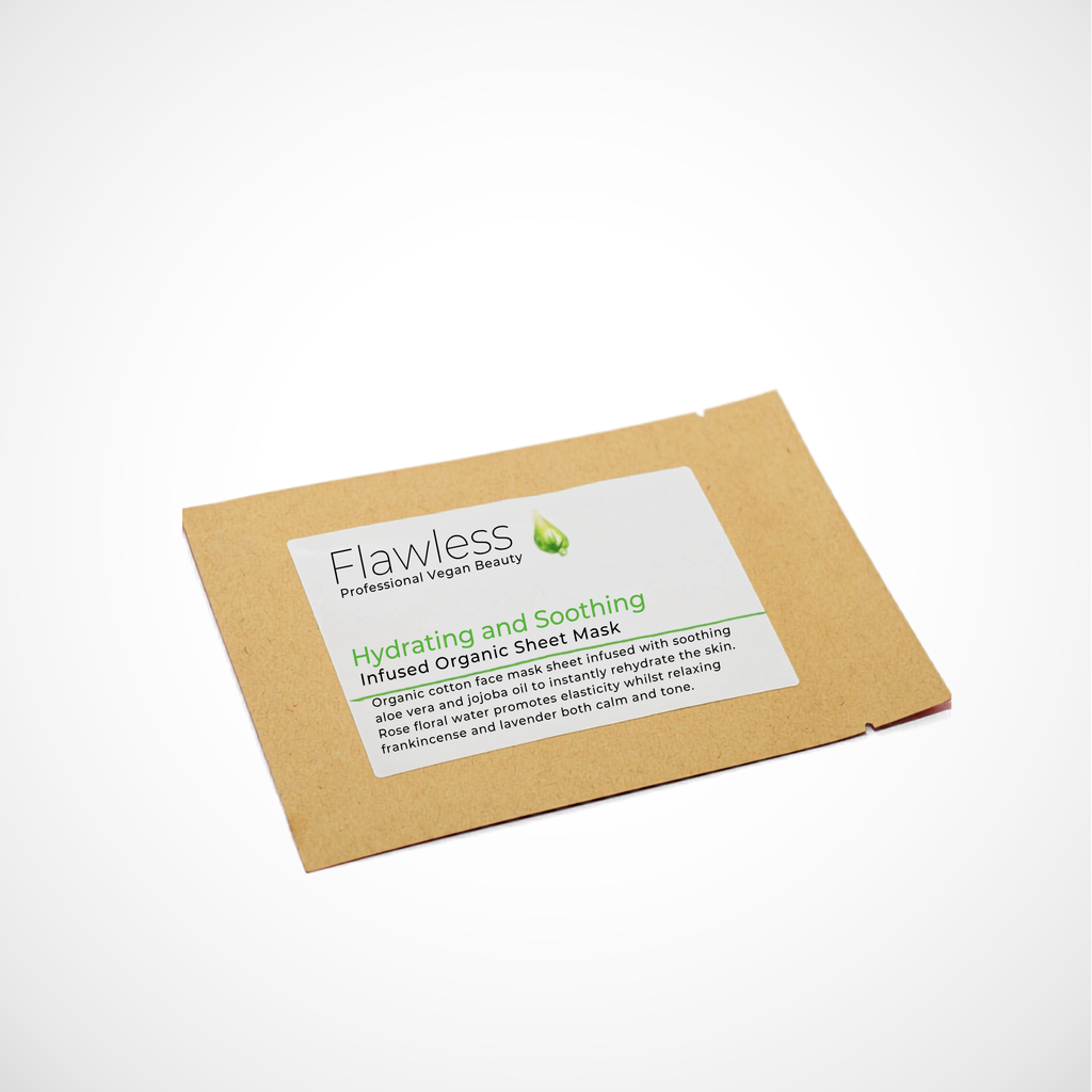 Organic cotton sheet mask infused with aloe vera and jojoba. Cruelty free vegan and plastic free. 