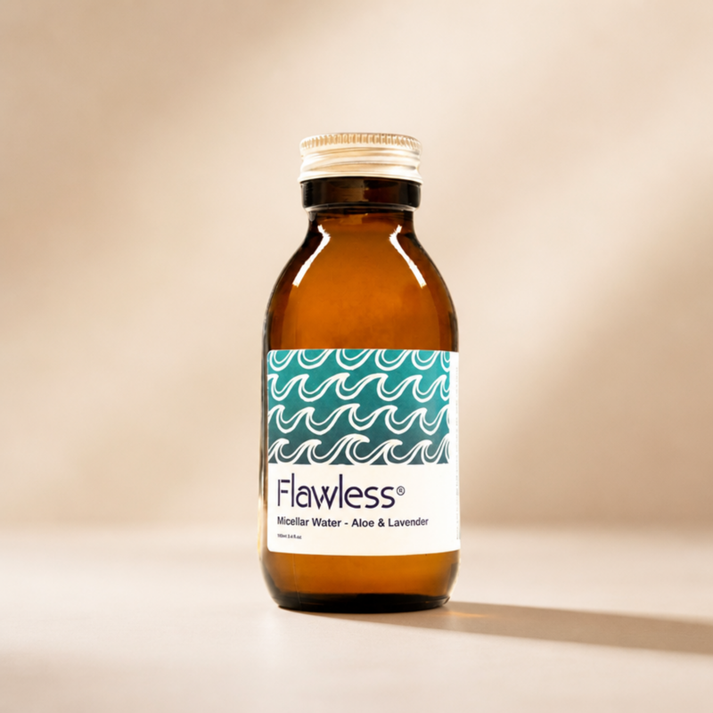 Micellar water for makeup removal in amber glass bottle. Cruelty free vegan and plastic free