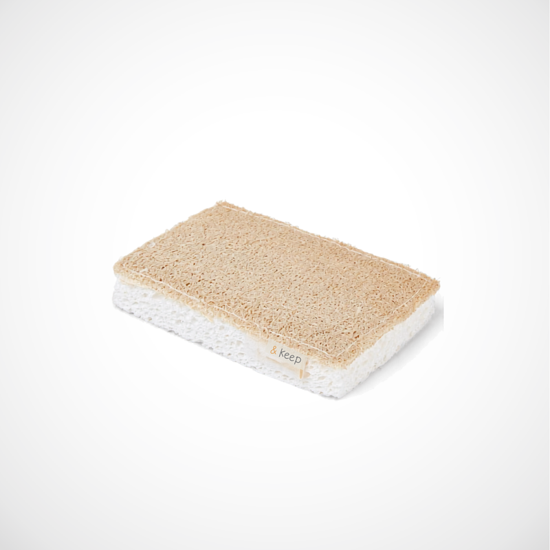 Plant based loofah scourer on one side for scrubbing, and cellulose on the other for dish cleaning. Washable in washing machine.