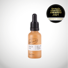 Award winning coffee face oil in brown glass bottle and dropper cap. Cruelty free vegan upcycled ingredients