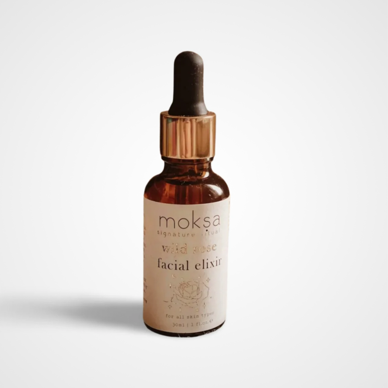 Chandra moon nigWild rose facial elixir in amber bottle with dropper cap. Cruelty free vegan and natural.