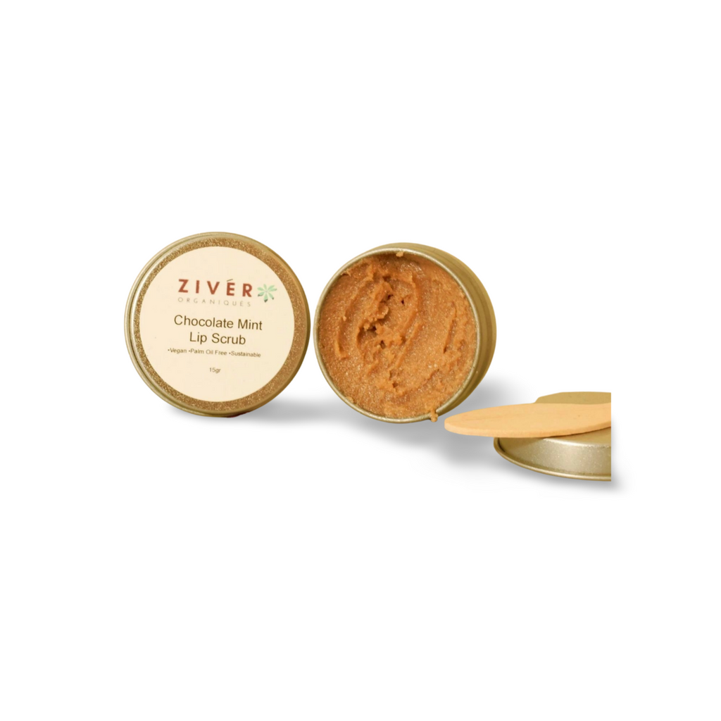 Ziver Chocolate Mint Lip Scrub with a scoop on a white background