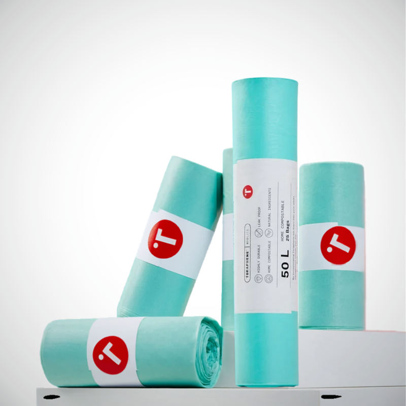 Mint green compostable bin liners from Toraphene in different sizes. The 50 litre one is is the foreground.
